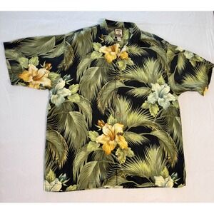 Tommy Bahama 100% Silk Hawaiian‎ Shirt XL Black Yellow Hibiscus Camp Shirt